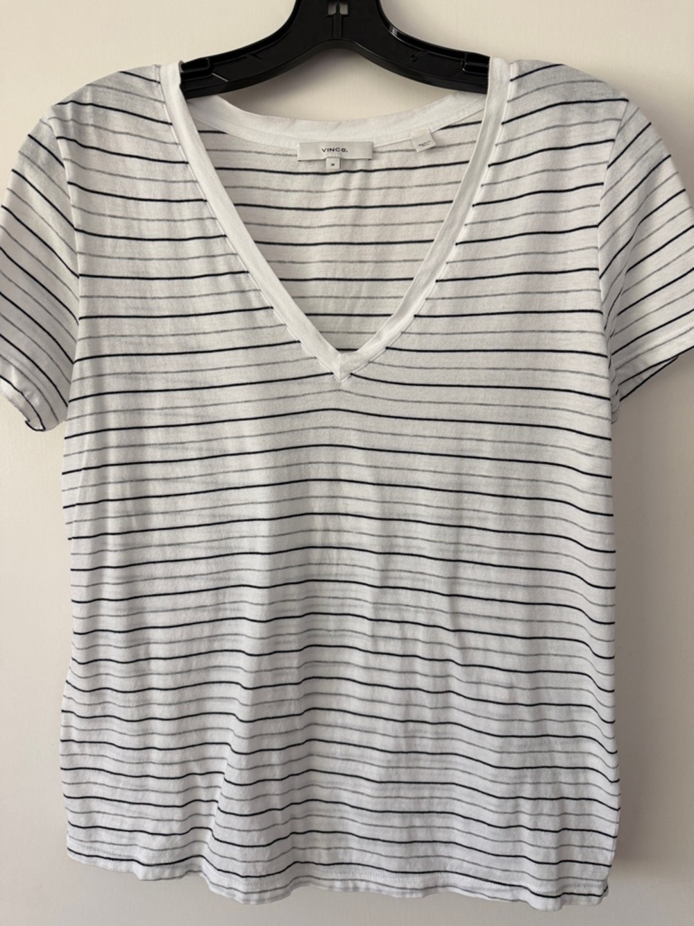 Vince White V-Neck Short Sleeve Tee with Black Stripes